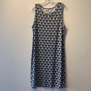 Macy’s Charter Club sheath dress, XL. Deep blue with white floral pattern.